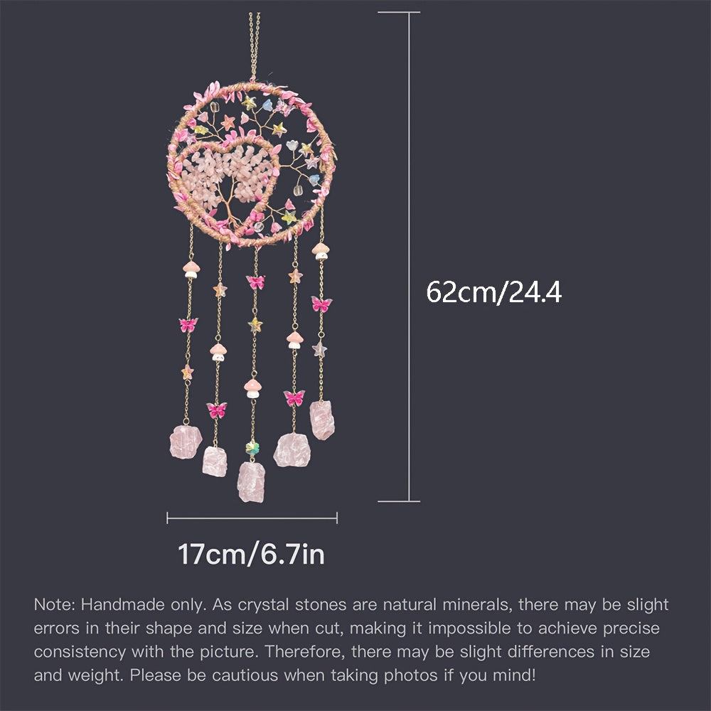 Bohemian Crystal Wall Hanging Decoration – Handmade Stone Beads, Colorful Gemstones, Heart & Circular Crystal Pendant Wind Chime – Boho Wall Decor Gift for Christmas, Mother’s Day & Thanksgiving