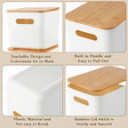 Storage Bins with Lids Wood Top, Plastic Stackable Storage Containers with Handle & Labels, Organizer Boxes for Home, Office, Bookshelf, Playroom & Medicine Cabinet, White, Set of 1/2/4/8