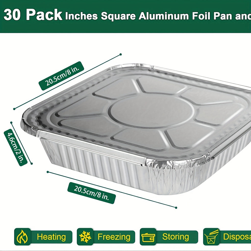 8x8 Aluminum Cake Pans 30 Pack with Lids – Disposable 8 Inch Square Foil Baking Pans for Cakes, Brownies, Freezing & Meal Prep