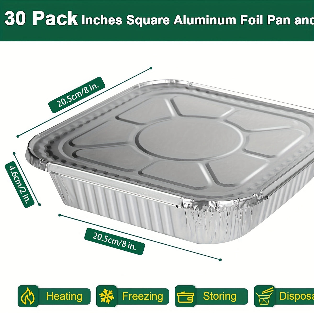 8x8 Aluminum Cake Pans 30 Pack with Lids – Disposable 8 Inch Square Foil Baking Pans for Cakes, Brownies, Freezing & Meal Prep