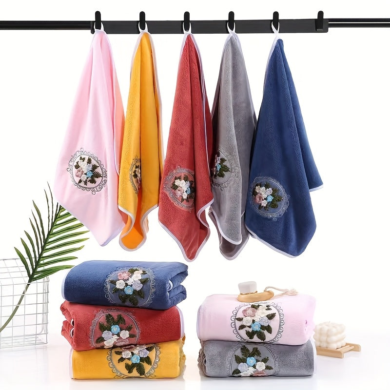 Embroidered Flower Towel Set 3 Piece – Soft Absorbent Bath Towel & 2 Face Towels – Skin-Friendly Polyester Blend, Home & Beach Use, White, Blue, Pink, Gray