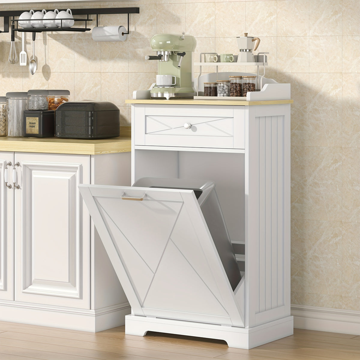 Tilt-Out Trash Can Cabinet 12 Gallon – Hidden Trash Cabinet with Drawers for Kitchen, Pantry & Laundry Room, Freestanding Kitchen Island Storage