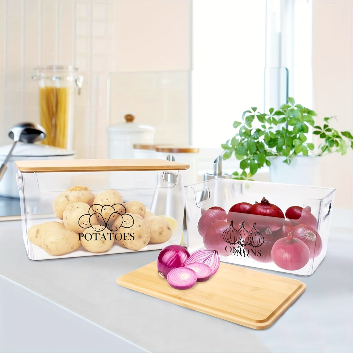 Stackable Potato & Onion Storage Container 2 Set Clear PE Bins with Bamboo Flip-Top Lid - Pantry Kitchen Counter Organizer for Vegetables