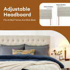 Tufted Upholstered Headboard – Premium Linen Fabric, Adjustable Height 37–51”, Solid Wood Frame | Twin & Queen | Gray & Beige