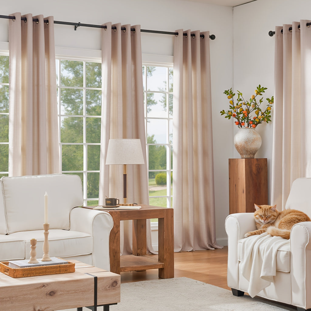 100% Blackout Curtains - 4 Panel Set, Boho Rustic Textured Grommet Drapes for Living Room & Bedroom, Privacy & Room Darkening, 4 Colors