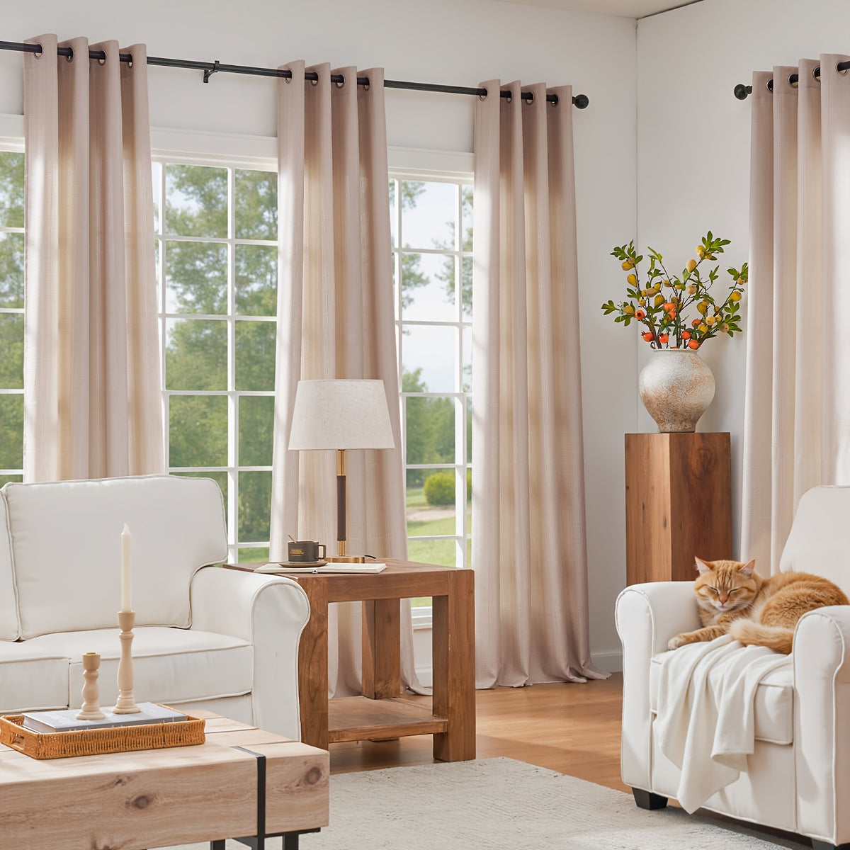 100% Blackout Curtains - 4 Panel Set, Boho Rustic Textured Grommet Drapes for Living Room & Bedroom, Privacy & Room Darkening, 4 Colors