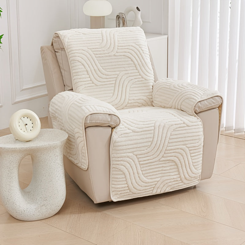 Bohemian Single Sofa Cover Non-Slip Short Plush Recliner Chair Protector Pet-Friendly Machine Washable Wavy Pattern Single-Seat Couch & Chair Slipcover