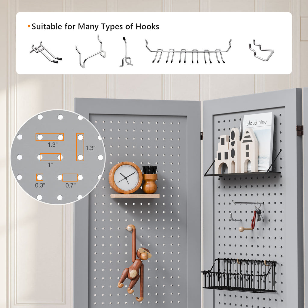 5 FT Freestanding Pegboard Room Divider | Wood Folding Privacy Screen & Display Board Organizer with Support Feet – White, Black, Natural, Grey | Craft Shows, Retail & Home
