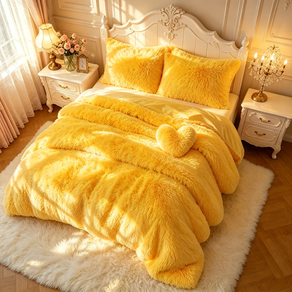 4-Piece Plush Duvet Cover Set – Pillowcases + Heart-Shaped Pillow | Full, Queen, King