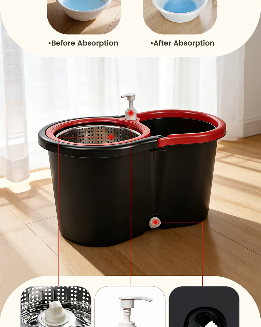 Spin Mop and Bucket Set with Wringer, 360° Dual-Drive Wringing System, 3 Microfiber Mop Heads for Hardwood Tile Marble Laminate Floor Cleaning