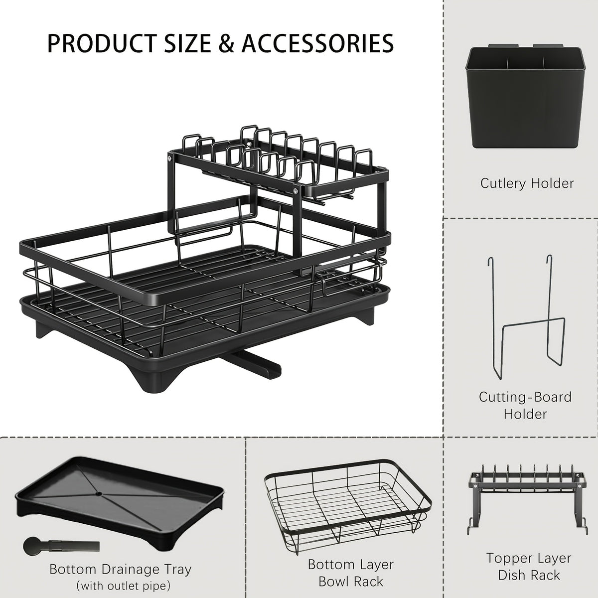 2-Tier Dish Drying Rack with Drainboard - Large Capacity Kitchen Counter Dish Drainer with Utensil Holder - Space-Saving Dish Rack for Kitchen Sink and Counter