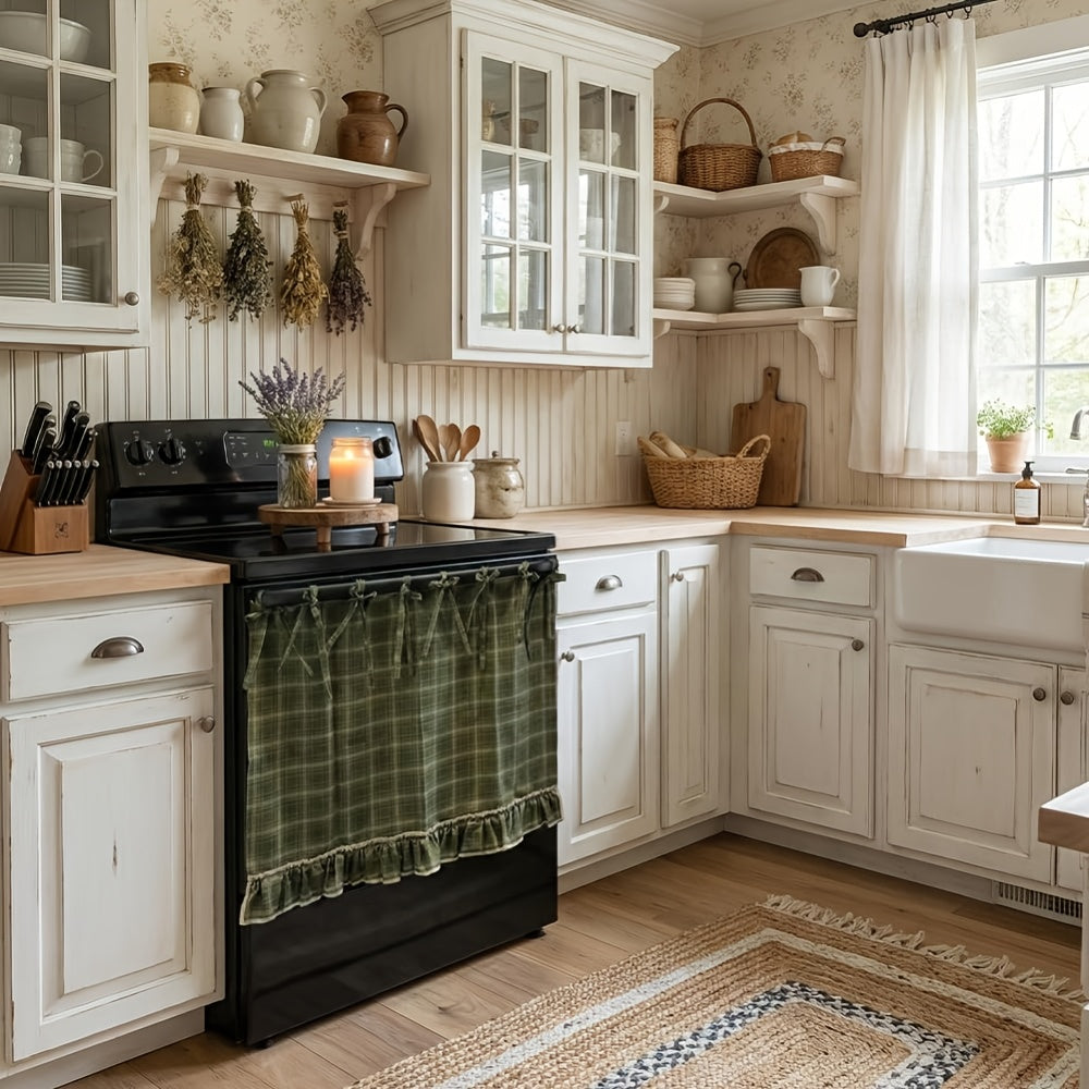 Farmhouse Oven Skirt Curtain – Handmade Checkered Ruffled Drawstring Decorative Panels for Oven, Stove & Cabinet Covers | Rustic Kitchen Appliance Decor | Nuvia Haven