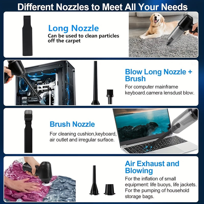 3-in-1 Wireless Handheld Vacuum Cleaner – High-Power Cordless Suction, Air Extraction & Blowing, 5KPa, Pet Hair & Dust, Extended Battery, Car & Home Cleaning, Green Gray Black