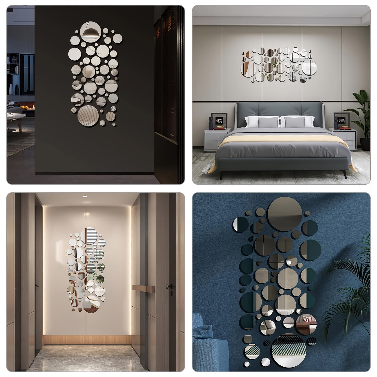 3D Mirror Wall Stickers 50pcs Round Self-Adhesive Acrylic Wall Decals in Multiple Sizes 0.9-5.9 Inch, Waterproof Shatterproof DIY Wall Art for Bedroom, Bathroom, Living Room & Office