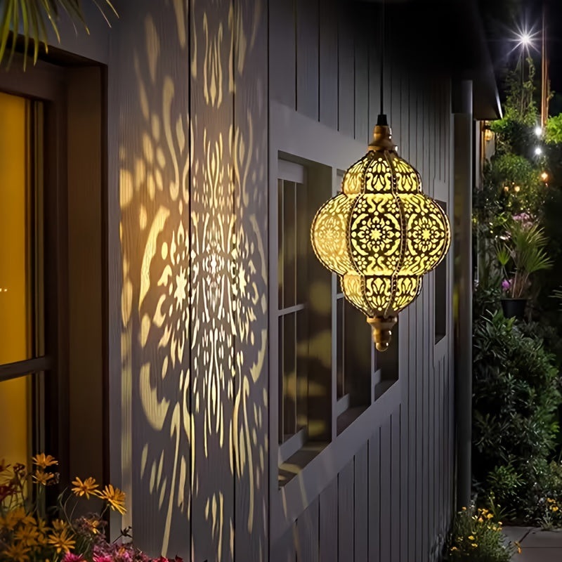 Outdoor Solar Hanging Lantern 27" – Metal Pendant Light Fixture with Removable Solar Panel & Auto Dusk-to-Dawn Sensor for Garden, Patio, Porch, Lawn & Deck, Oil-Rubbed Finish, Gold, Purple or Blue