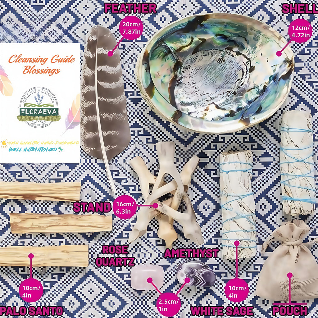 Floraeva Home Cleansing & Incense Gift Set – White Sage, Palo Santo, Abalone Shell, Crystal Stone, Incense Feathers & Stand for Home Protection, Positive Energy, Spiritual Decor & Holiday Gifting