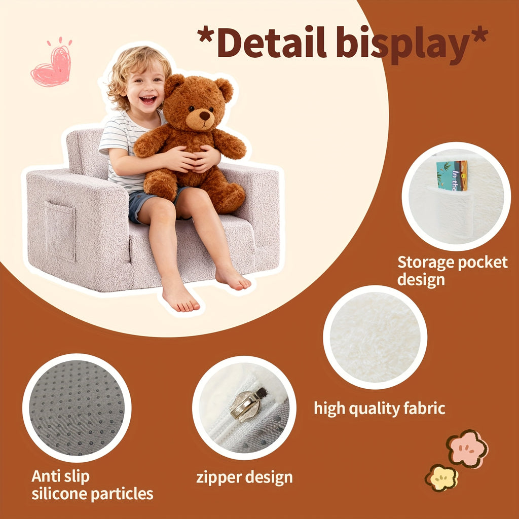 Kids Sofa Chair 2-in-1 Convertible Recliner – Soft Plush Velvet with Storage Pocket & Armrest Pockets, Folding Lounge Chair for Boys & Girls | Pink, Grey & White