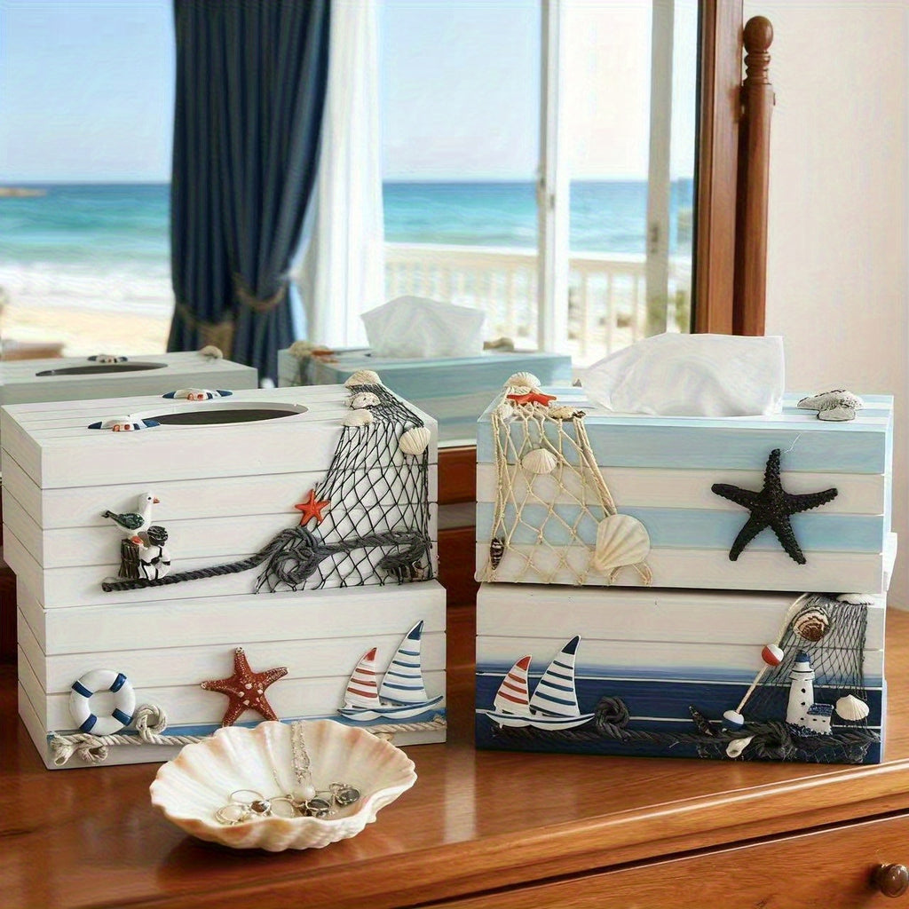 Nautical Tissue Box Cover Coastal Decor - Decorative Wood Tissue Dispenser with Rope & Sailboat Detail, Beach Theme Tissue Holder for Living Room, Bathroom & Office, Mediterranean Style Home Accent
