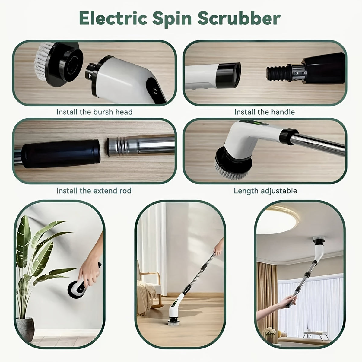 9-in-1 USB Rechargeable Electric Rotating Cleaning Brush – 8 Brush Heads + Gap Brush, 2-Hour Runtime, Telescopic Handle for Bathtub, Tile, Floor & Car