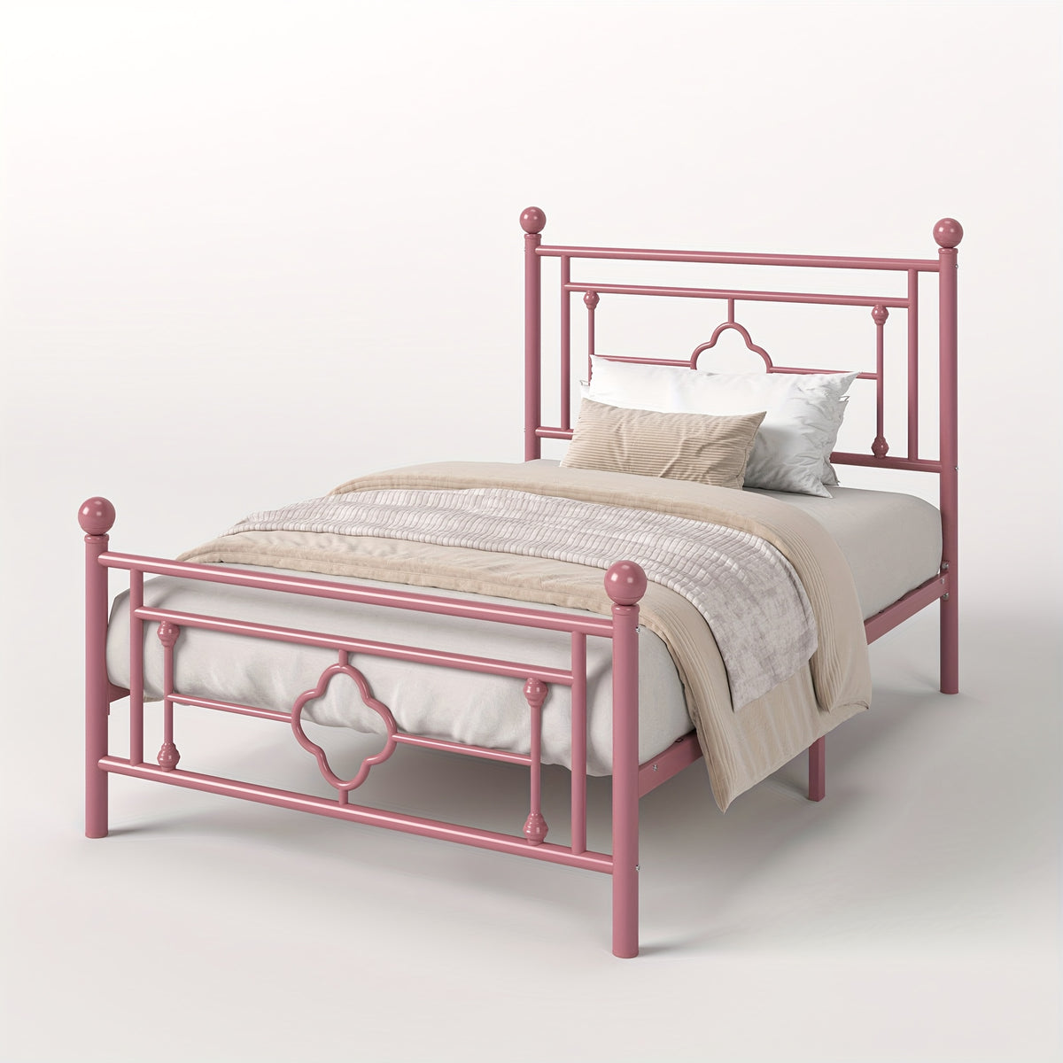 Metal Platform Bed Frame with Vintage Iron Art Headboard Footboard No Box Spring Needed Under Bed Storage Twin Full Queen King Black White Pink Gold