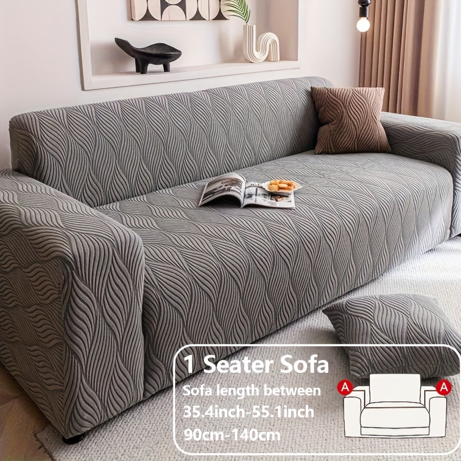 Jacquard Elastic Sofa Cover – Modern Artistic Slip-Resistant Couch Slipcover | All-Season Polar Fleece Furniture Protector for Living Room, Office & Bedroom | Includes Free Pillow Cover | 1-4 Seater