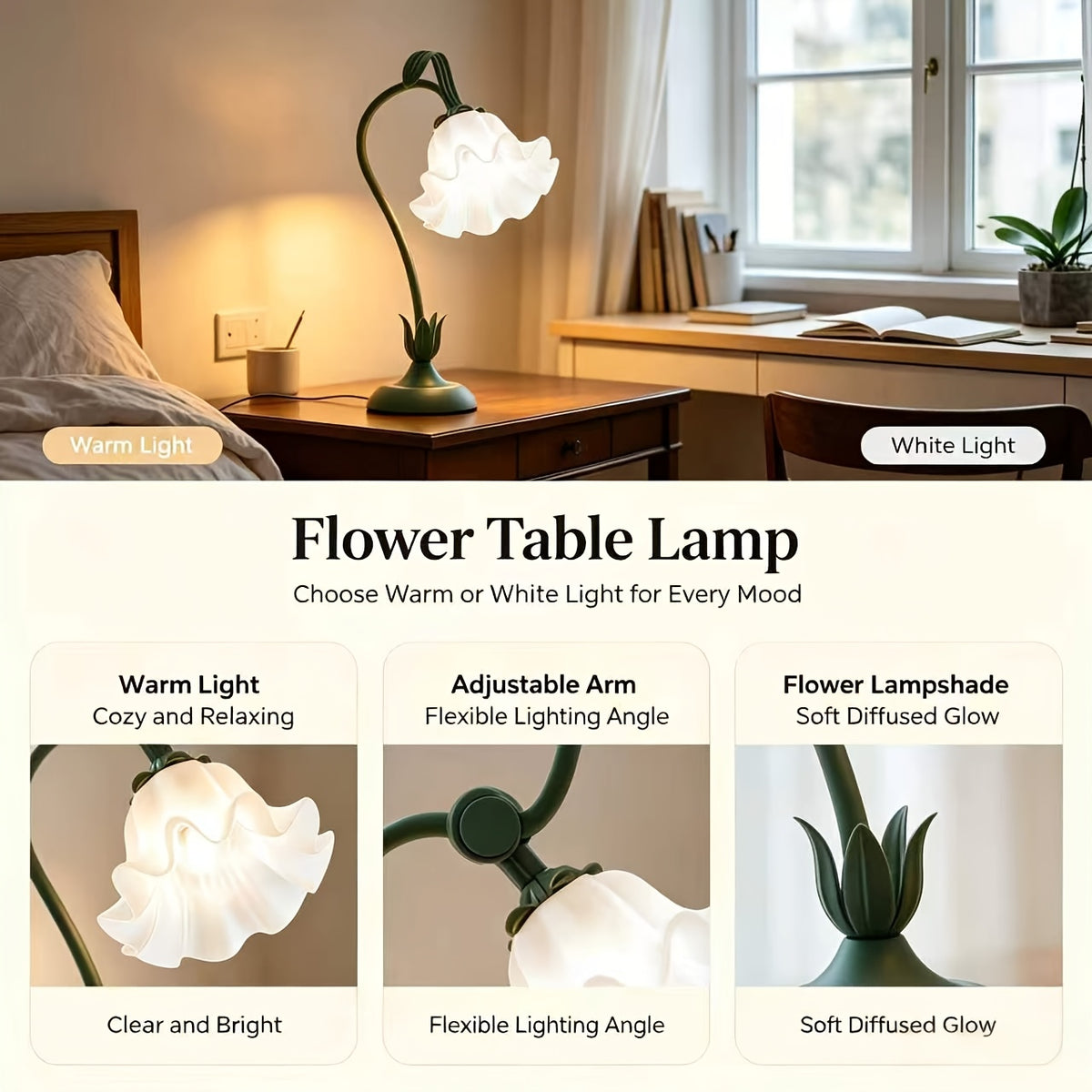 Tulip Flower Shape Table Lamp – Aesthetic Vintage Floral Bedside & Desk Lamp for Bedroom, Dresser & Living Room Home Decor (Bulb Not Included)