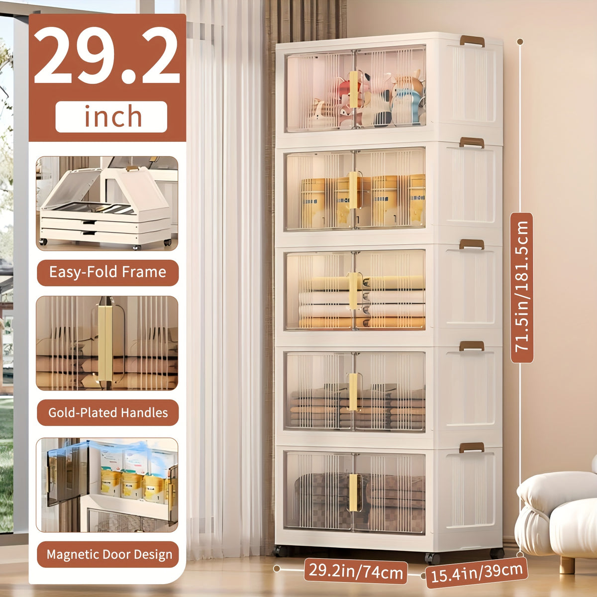 29.2" Wide Extra Large Collapsible Storage Cabinet 4/5-Tier – Stackable Plastic Bins with Lids & Wheels, Foldable Organizer System for Closet, Bathroom, Home, Office & Dorm