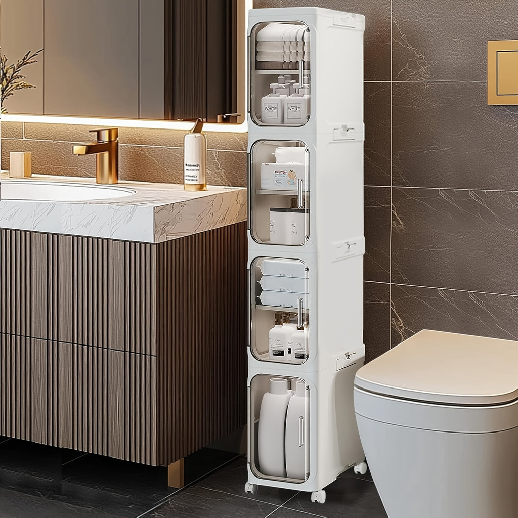 Bathroom Storage Cabinet 1 2 3 4 Tier Foldable Plastic Organizer with Doors and Shelves – Space-Saving Under Sink & Counter Solution