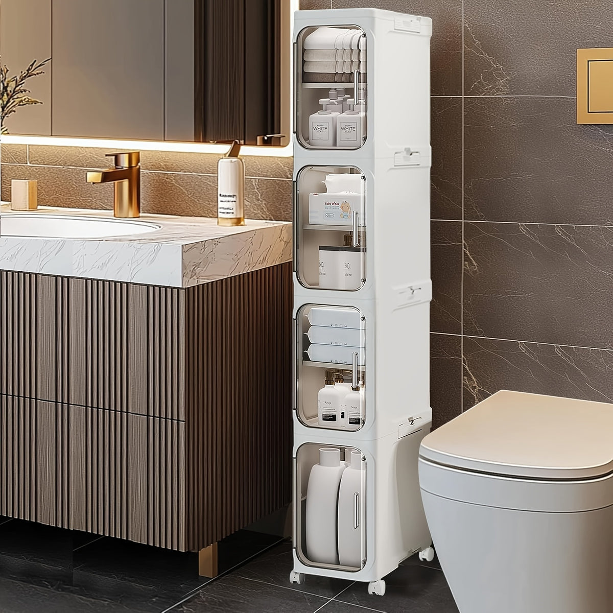 Bathroom Storage Cabinet 1 2 3 4 Tier Foldable Plastic Organizer with Doors and Shelves – Space-Saving Under Sink & Counter Solution