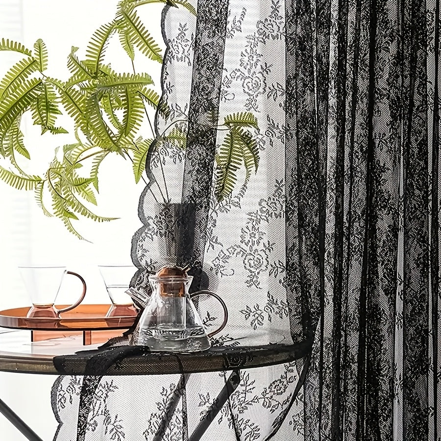 Vintage Lace Door Curtain with Wave Edge – Semi-Sheer Floral Embroidered Rod Pocket Panel for Home, Hallway & Outdoor | White, Black & Green