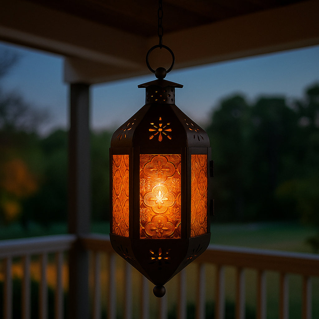 Moroccan Hanging Candle Lantern with Chain – Vintage Boho Style Iron & Glass Tealight Holder for Home, Patio, Garden, Wedding & Ramadan Decor (23.5" Overall)