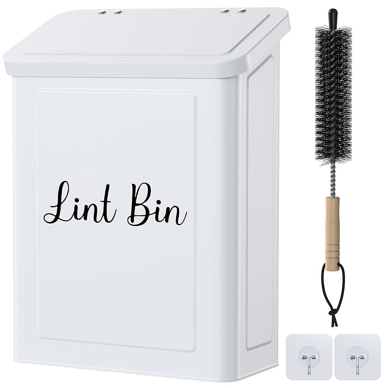 Magnetic Lint Bin for Laundry Room – Wall Mount Metal Dryer Lint Holder Trash Can with Lid, Laundry Organization, White
