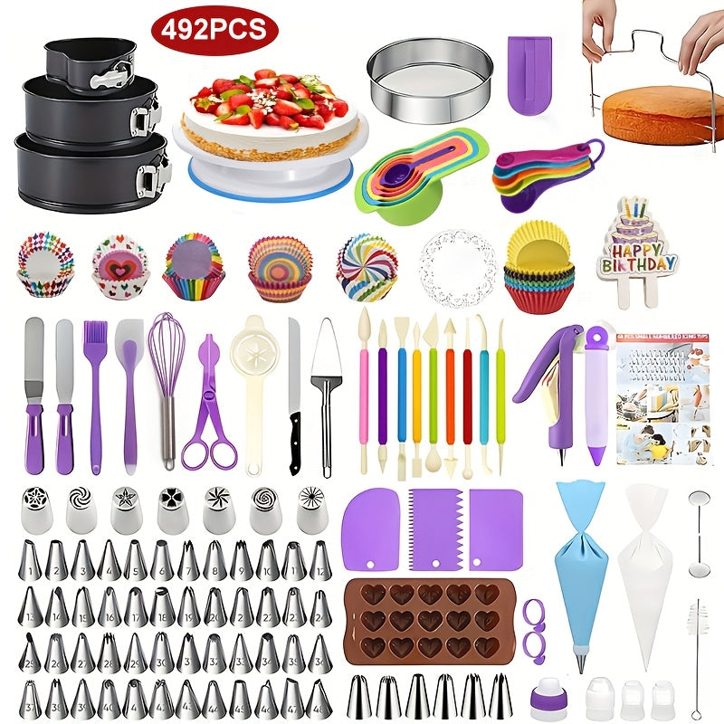 492-Piece Pro Cake Decorating Set - Complete Baking Kit with Cake Turntable, 58 Piping Tips, Reusable Piping Bags, Spatulas, Molds & More - Professional Quality for Home Bakers & Decorators