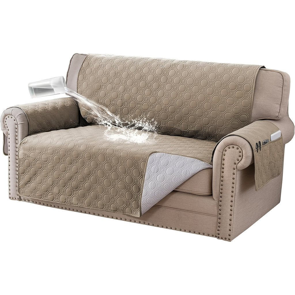 Liquid-Resistant Sofa Cover with Pocket, Geometric Pattern Couch Slipcover Furniture Protector for Pets, Washable Thick Soft 1 2 3 4 Seat Sizes Chair Loveseat Sofa