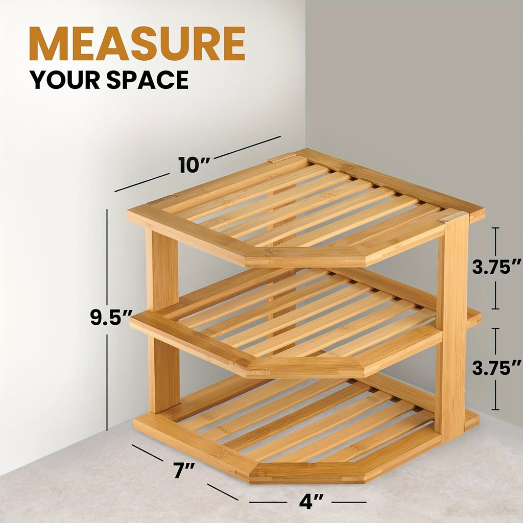 Bamboo Corner Shelf 3-Tier Set of 2 – Countertop & Cabinet Organizer for Kitchen, Bathroom, Spice Rack, Plate & Cup Storage