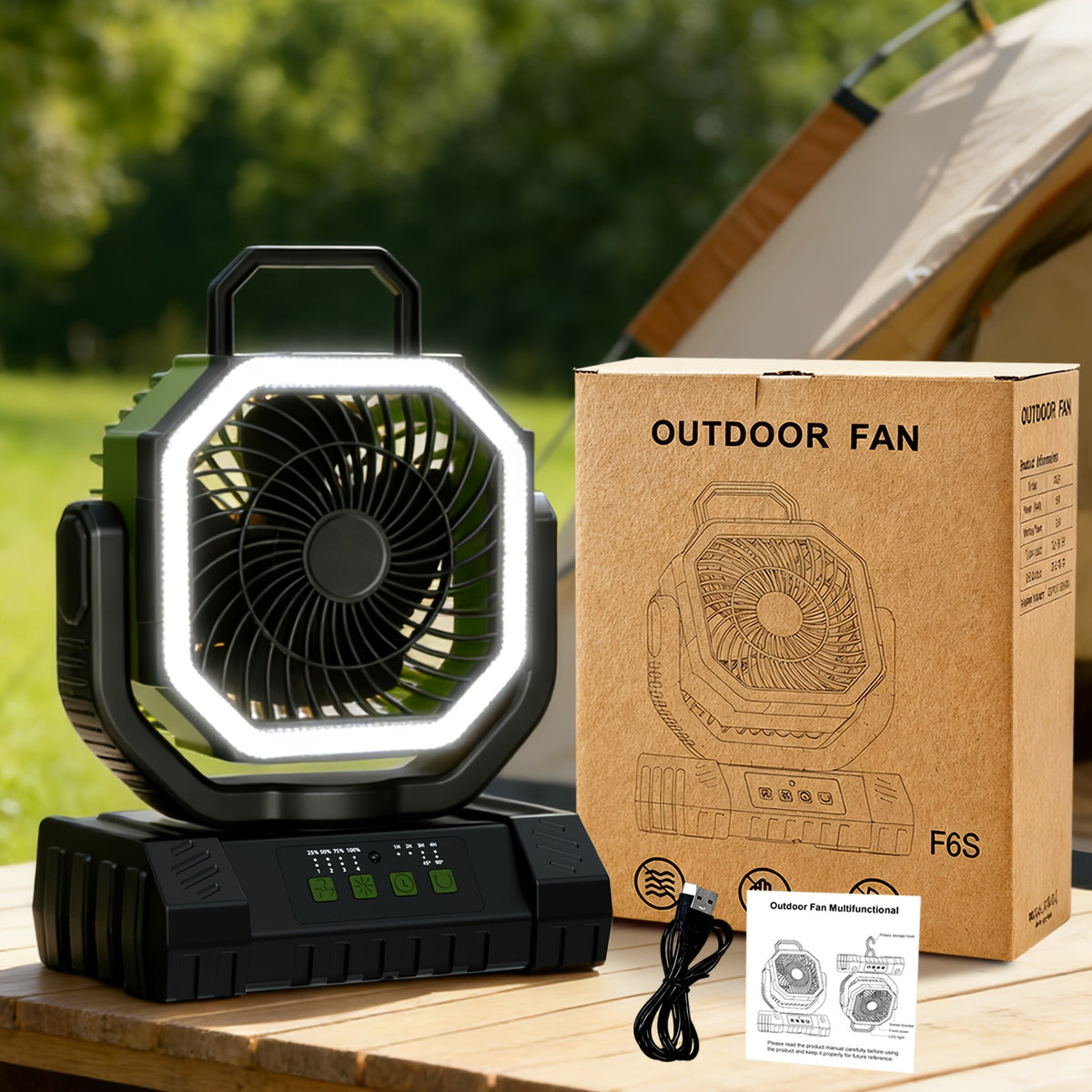 3-in-1 Camping Fan with LED Light & 20000mAh Power Bank Portable Rechargeable Fan 4 Speed Settings Multi-Angle Rotation for Hiking Tent Office & Outdoor Use