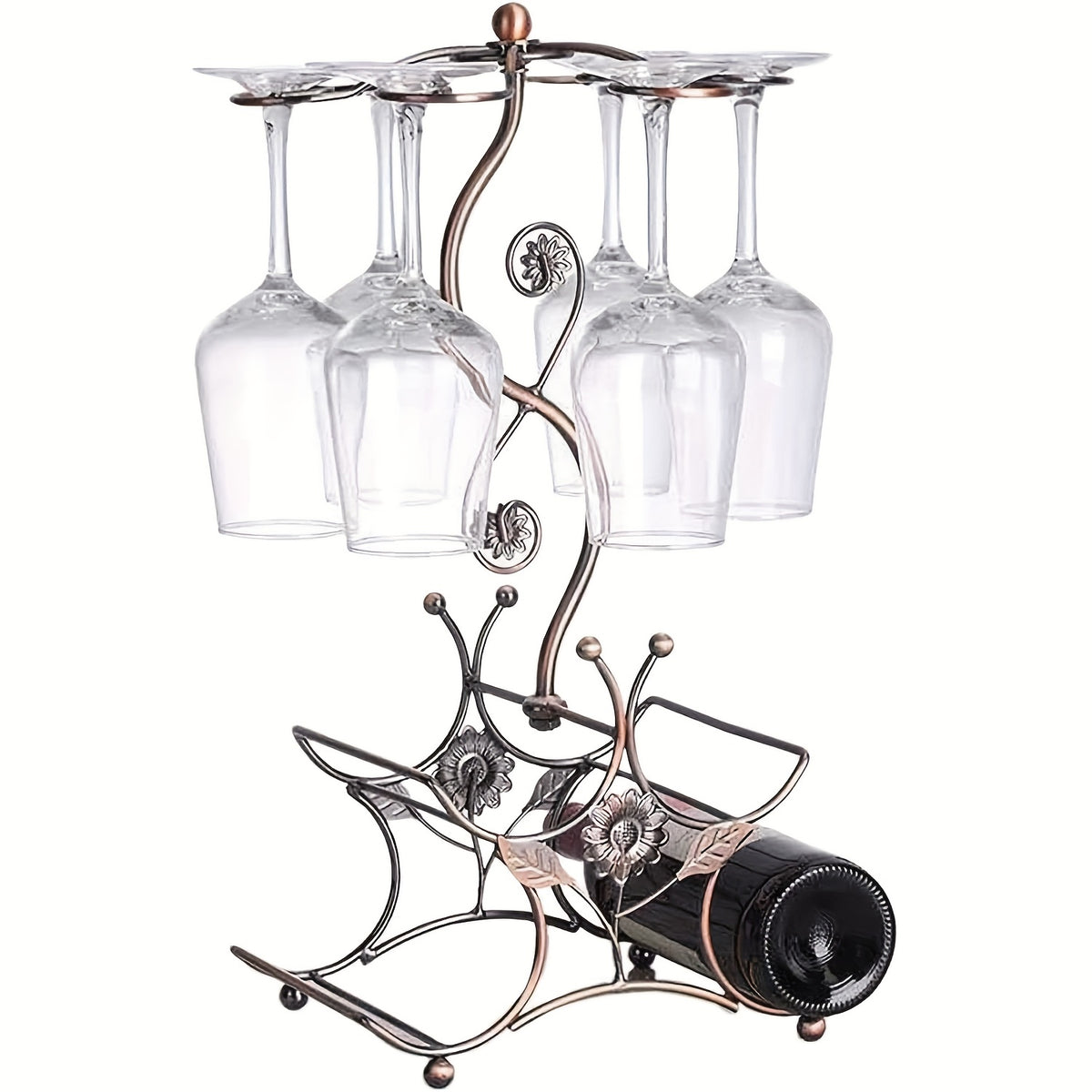 Countertop Wine Rack with Wine Glass Holder Holds 4 Bottles and 6 Glasses Iron Retro Bar Organizer for Kitchen Home Bar Pantry Dining Room