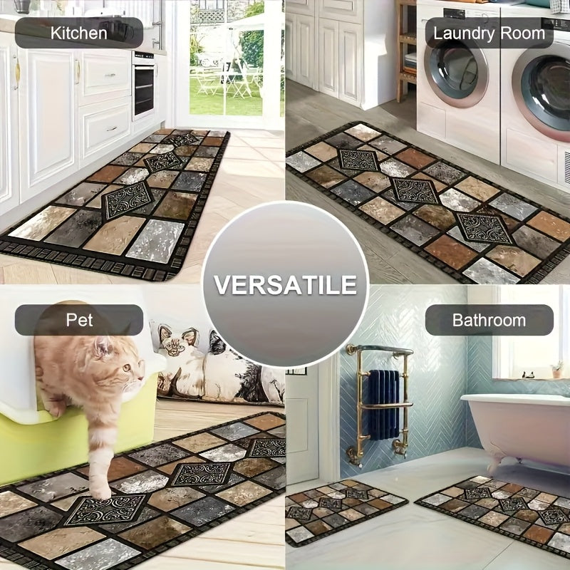 Diatomaceous Earth Kitchen Floor Mats 2-Piece Set – Vintage Plaid Absorbent Non-Slip Fast-Drying Rugs for Kitchen, Bathroom & Hallway