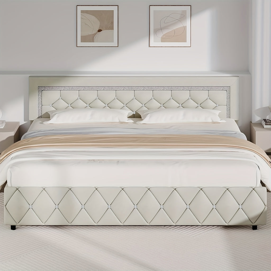 Upholstered Bed Frame with Diamond Tufted Headboard & Footboard – Faux Leather, Wooden Slats, No Box Spring Needed | Twin Full Queen King
