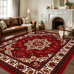 Bohemian Persian Area Rug - Plush Soft Pile Non-Slip Machine Washable 100% Polyester Red and Golden Floral Pattern for Living Room and Bedroom