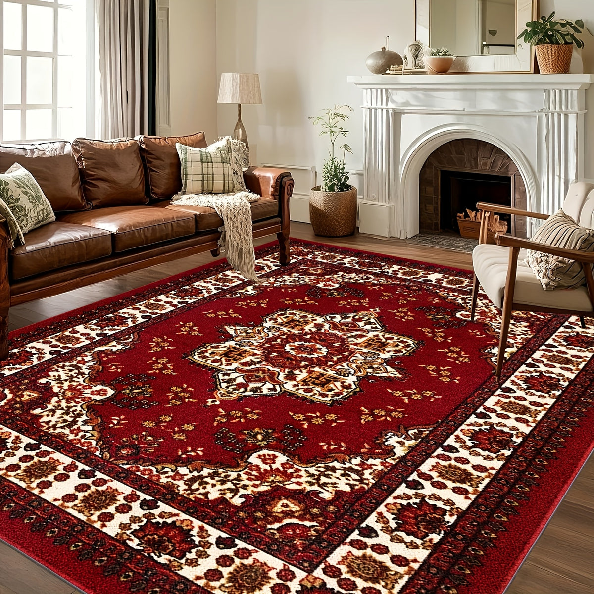 Bohemian Persian Area Rug - Plush Soft Pile Non-Slip Machine Washable 100% Polyester Red and Golden Floral Pattern for Living Room and Bedroom