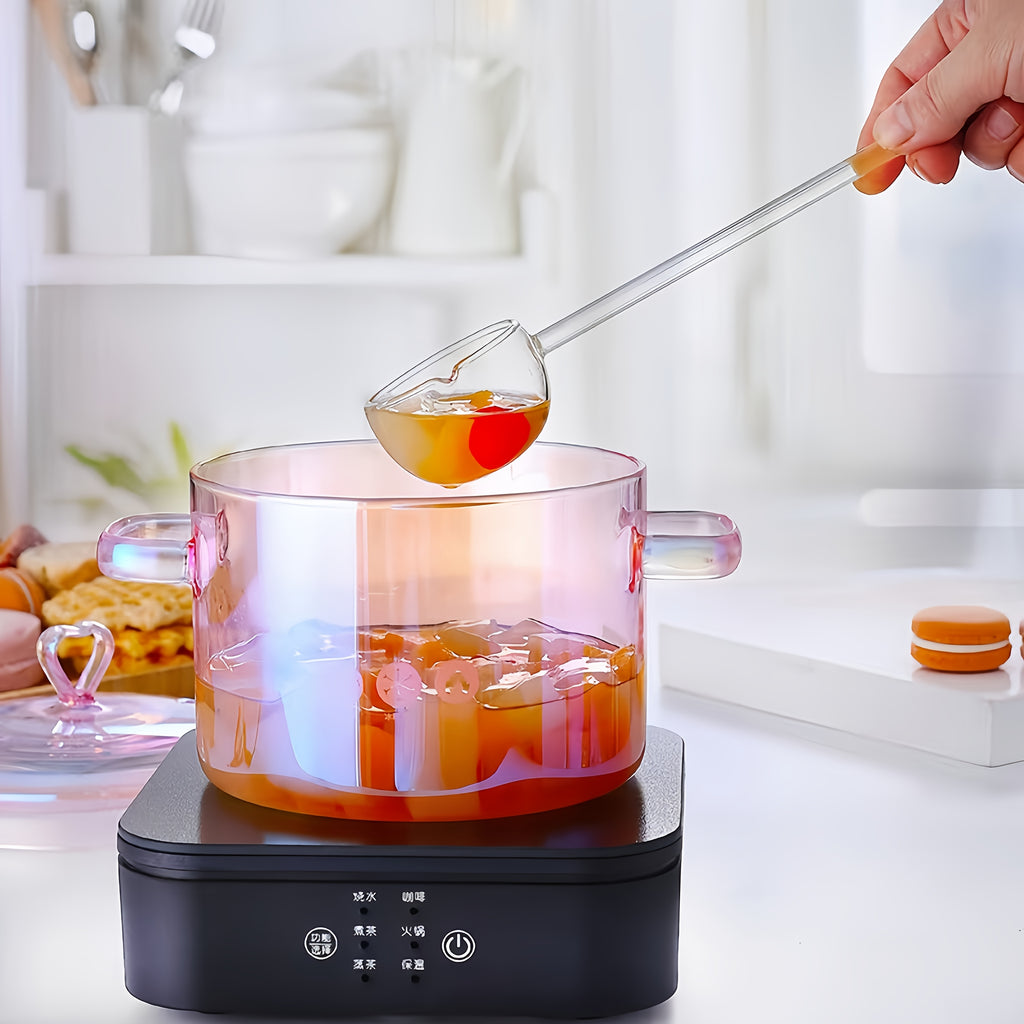 Pink Glass Cooking Pot 1500ml with Heart-Shaped Lid Boiling Stewing Multi-Function Glass Pot for Pasta Soup Congee Noodles Compatible with Electric Ceramic Stovetop