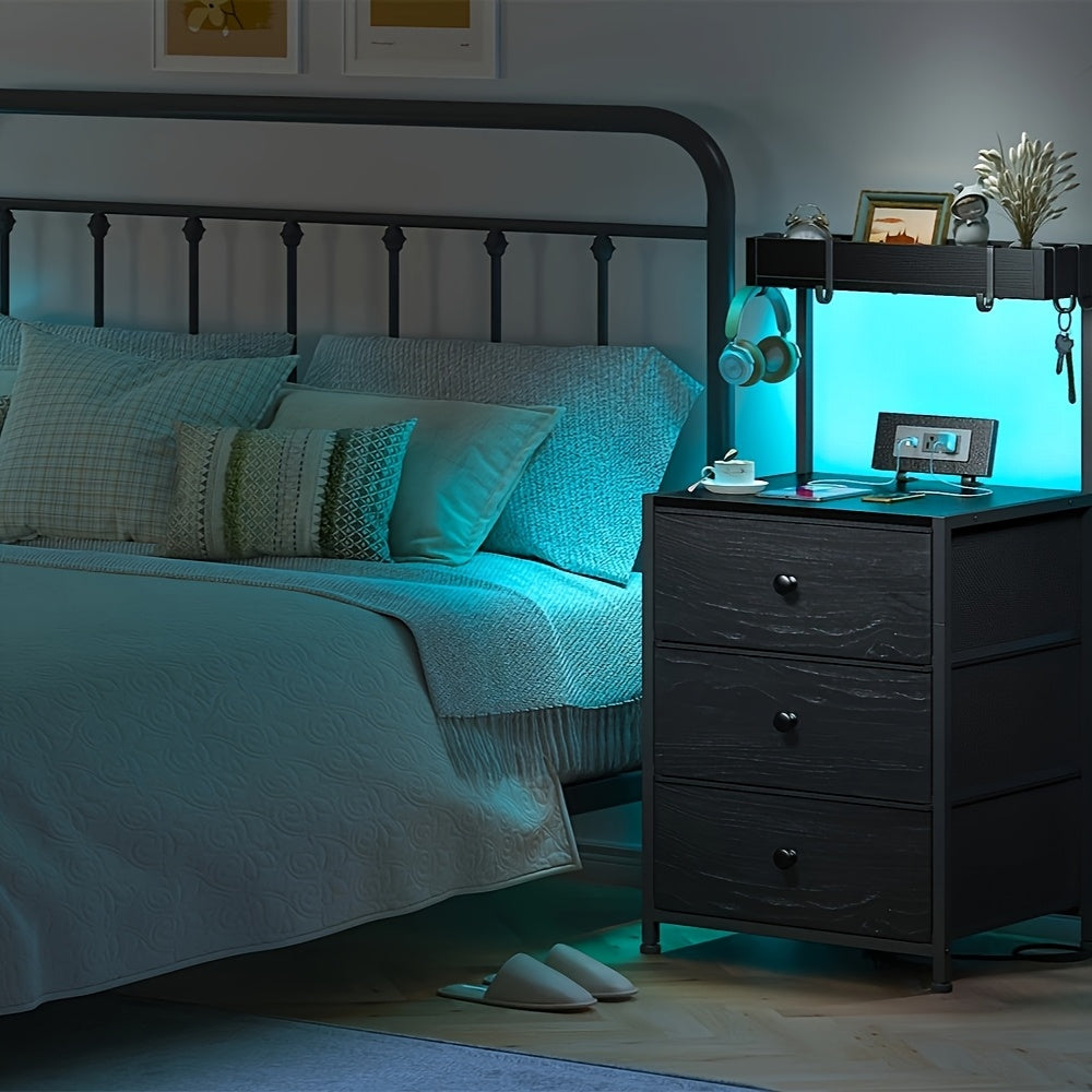 Tall Nightstand with Charging Station LED Lights 3 Fabric Drawers Shelves USB Ports Outlets Oversized Tabletop 4 Hooks Bedside Table for Bedroom Storage