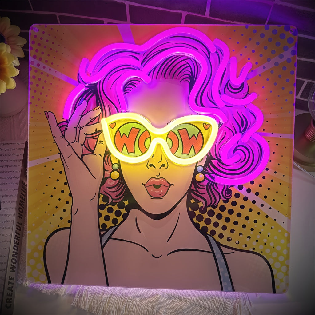 WOW Neon Sign Wall Decor with Curly Hair Girl – USB Powered UV Printed Neon Light for Bedroom, Bar & Party Decor, Single Color