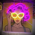 WOW Neon Sign Wall Decor with Curly Hair Girl – USB Powered UV Printed Neon Light for Bedroom, Bar & Party Decor, Single Color