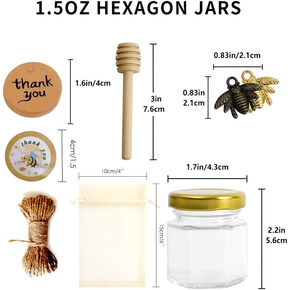 Mini Hexagon Honey Jar Favor Set – 1.5oz Glass Jars with Golden Lid, Bee Charm, Honey Dipper & Gift Tags | 20-60 Pcs | Wedding, Baby Shower & Party Favors