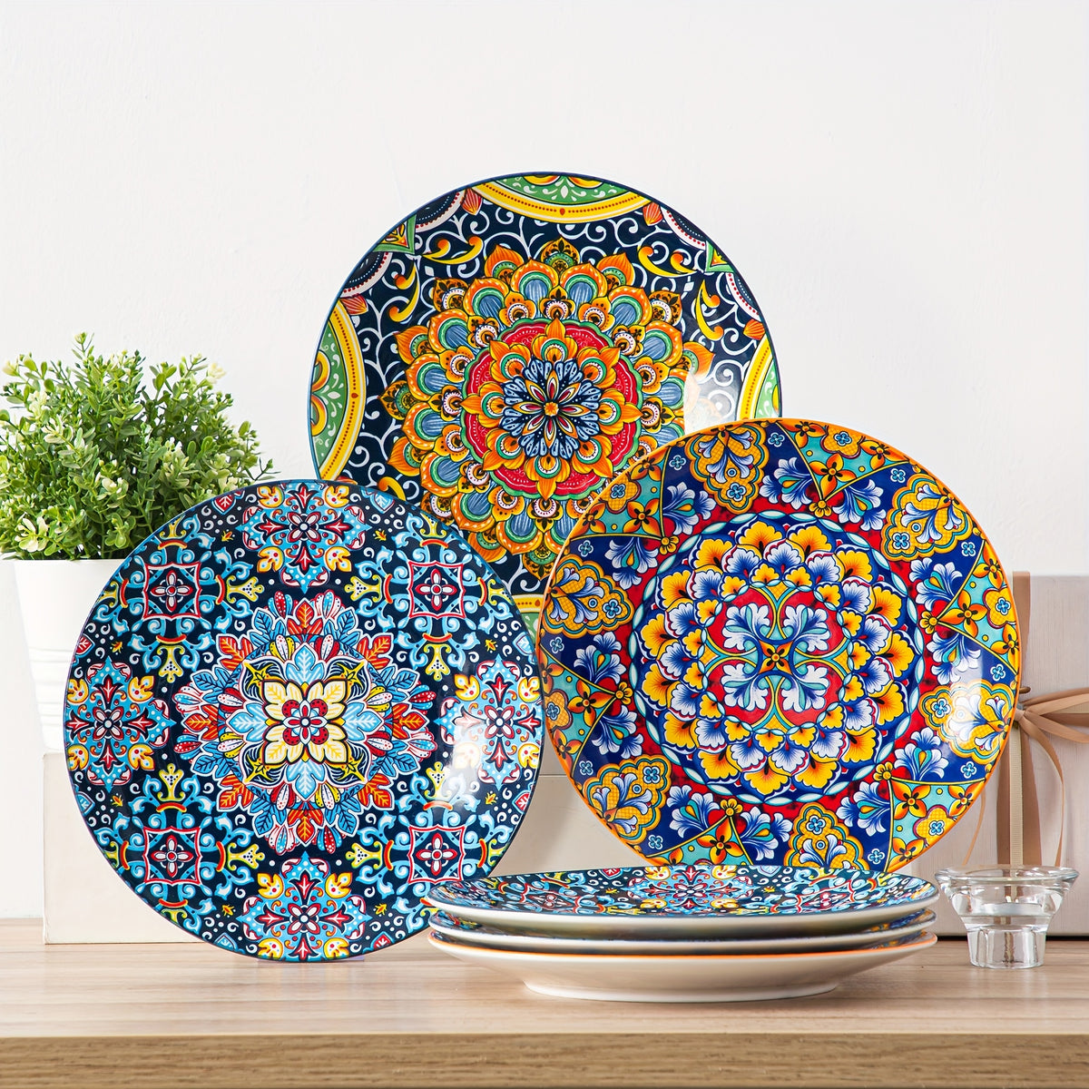 Bohemian Porcelain Dinner Plate Set of 6 - 10.5 Inch Large Serving Plates, Microwave & Dishwasher Safe, Elegant Ceramic Dinnerware for Daily Use, Parties & Gifting