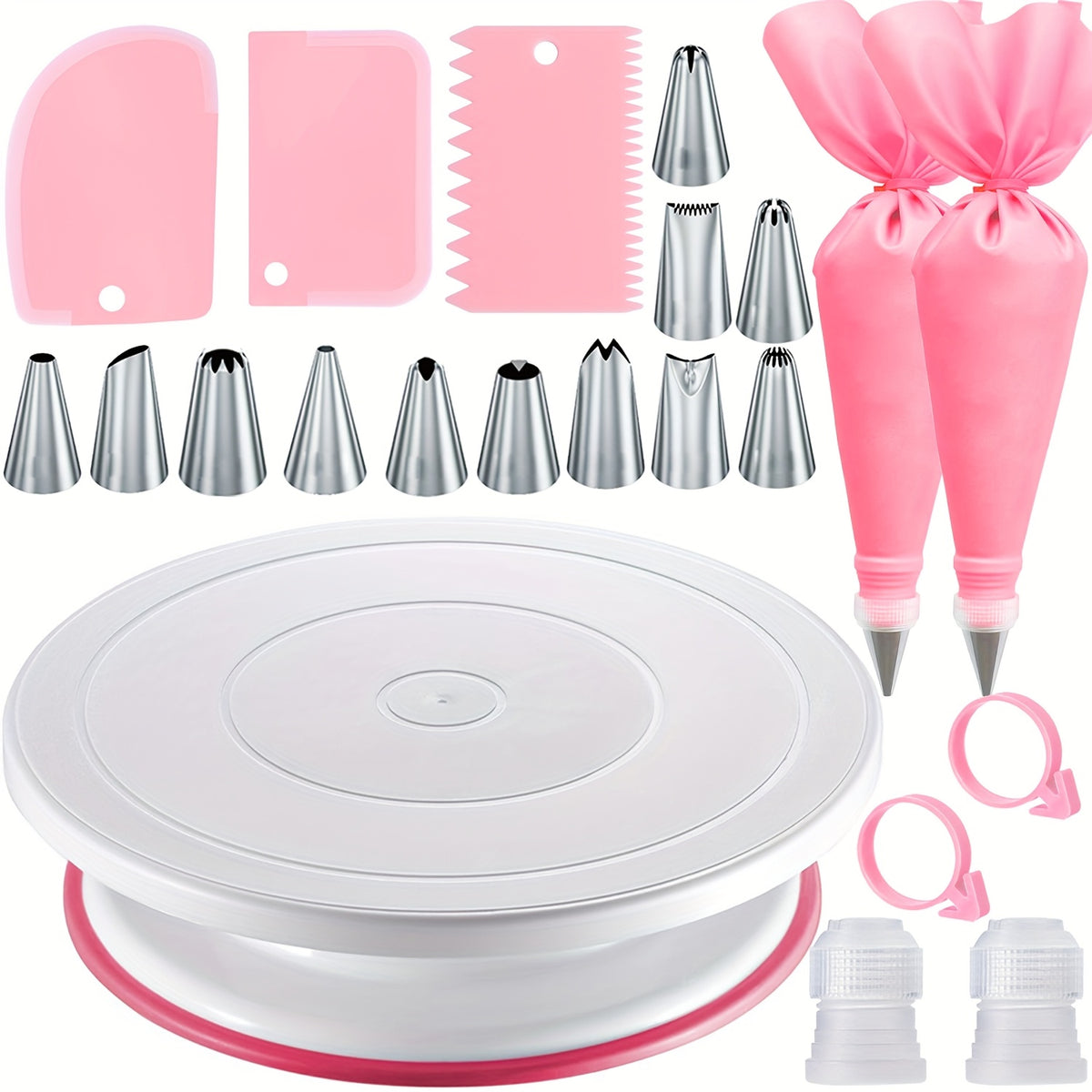 22pcs Cake Decorating Set with Rotating Turntable Stand - 12 Stainless Steel Piping Tips, Icing Spatula, 3 Scrapers & Pastry Bags, Complete Cake Decoration Kit for Home Bakers