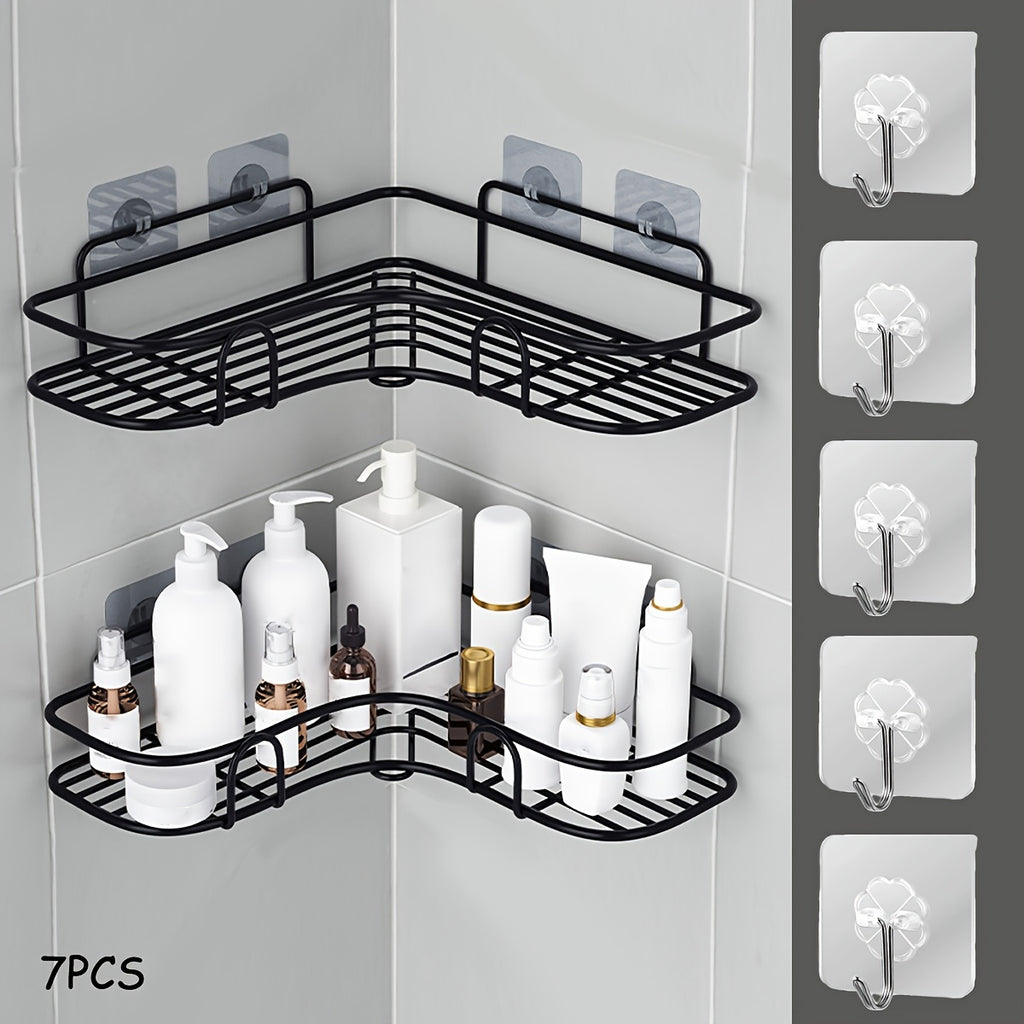 Wall-Mounted Corner Bathroom Storage Rack Set 7-Piece No-Drill Triangular Shelf with 5 Transparent Hooks, Space-Saving Bathroom Organizer for Shower, Toilet & Kitchen – White & Black