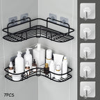 Wall-Mounted Corner Bathroom Storage Rack Set 7-Piece No-Drill Triangular Shelf with 5 Transparent Hooks, Space-Saving Bathroom Organizer for Shower, Toilet & Kitchen – White & Black